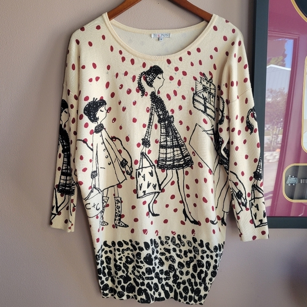 Dj & JuJu Women's Whimsical Graphic Red Dots Sweater Size Medium 3/4 Sleeve - Picture 2 of 12